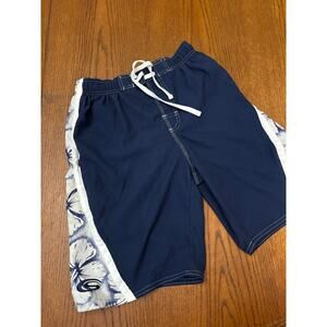 Sol Surf Co Boys Swim Trunks Size YM- Hibiscus Flowers- Navy